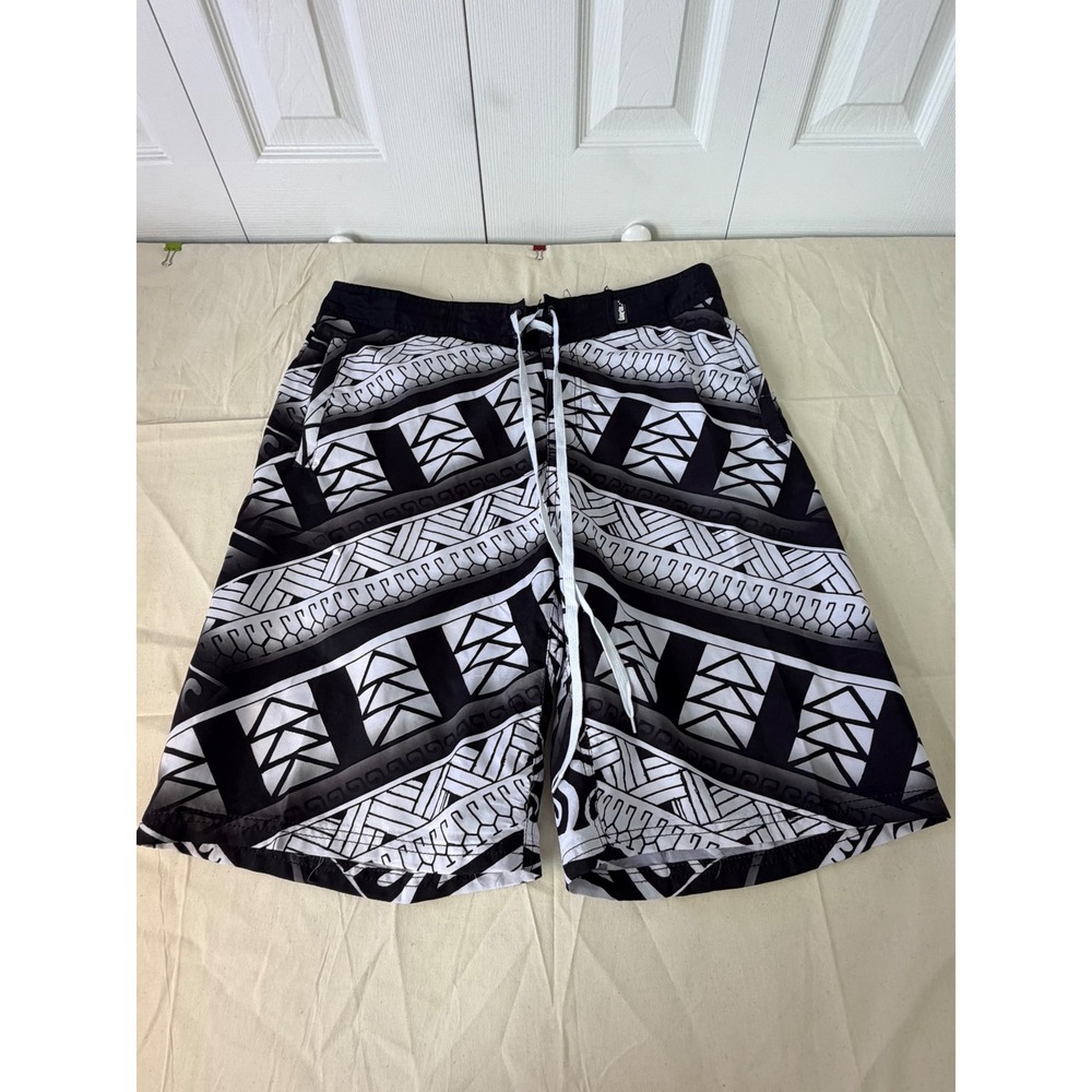 Taaroa Mens Tribal Polynesian Print Board Shorts Black White Swim Trunks Size 36
